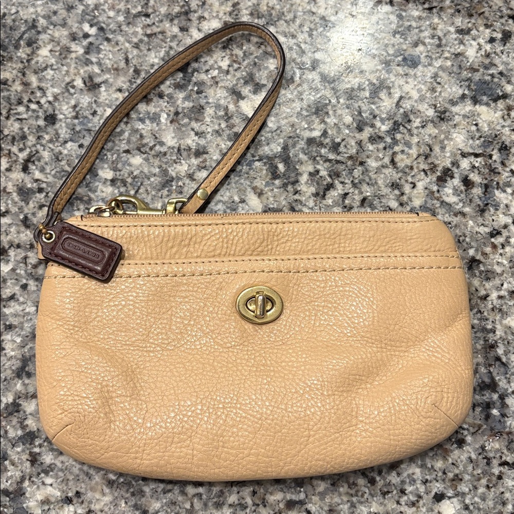 Coach Beige Leather Wristlet with Gold Accents